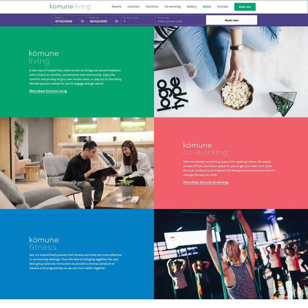Simple and clean website design for Komune Living on desktop view.