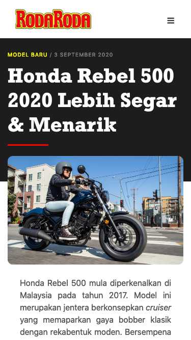 Simple and clean website design for Roda-Roda on mobile view.